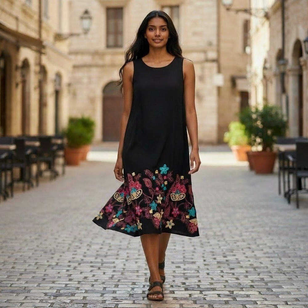 Shift Dress L/XL Black Floral Embroidered Sleeveless Boho Colorful ArtsyZip Back